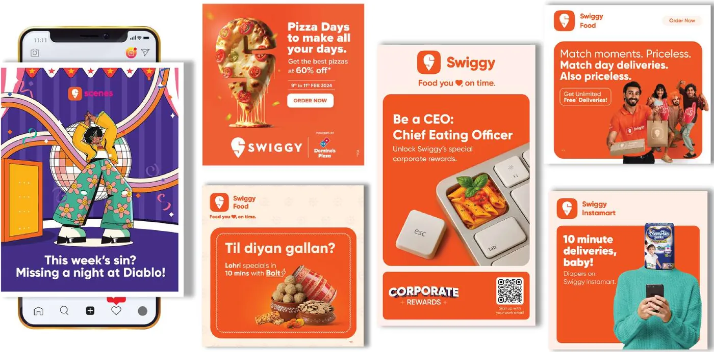 Swiggy Food, Instamart and Scenes campaign creatives